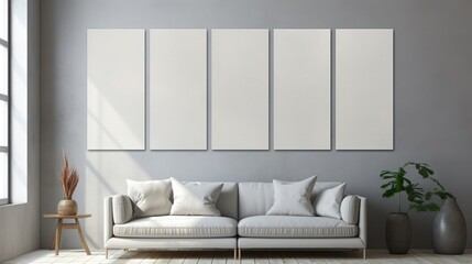 Fototapeta na wymiar Light gray wall with vertical painted canvases for mockups. Created with Generative Ai technology.