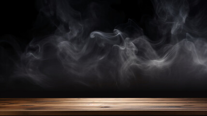 Wooden empty rustic table with smoky cloudy dust fog mist background ideal for smoking devices product display, grilled food, baked dishes.  - obrazy, fototapety, plakaty