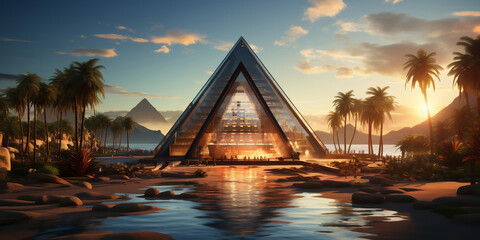 Fantasy Ancient Egyptian pyramid background with palm trees and Nile River scenery. - obrazy, fototapety, plakaty