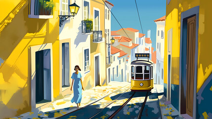 Illustration of a portuguese city with a tram, Portugal - obrazy, fototapety, plakaty