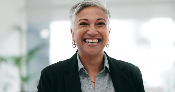 Senior woman, business ceo and laughing boss face in a office with consultant manager confidence. Funny, comedy and happy professional employee at a company with job at consultation agency with smile