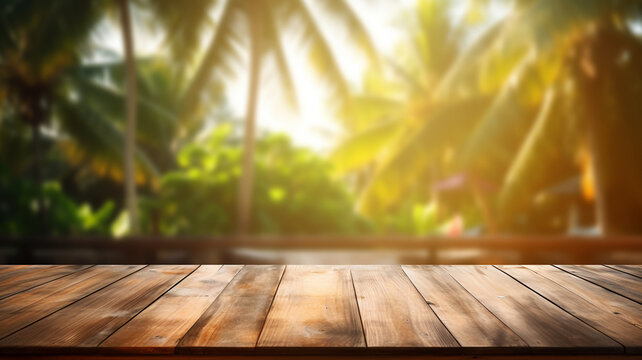 Tropical natural background wooden table product display mockup placement for good with blurred rainforest and ocean, sea, vacation relax style, 