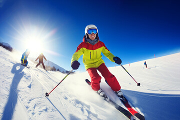 Fototapeta na wymiar funny skiers ride on snowy slope
