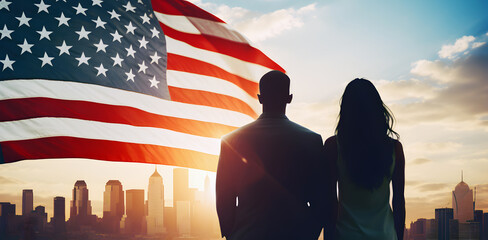 United States of America Independence day, rear view of couple man and woman standing in front of United States flag and panoramic view of city downtown.  - Powered by Adobe