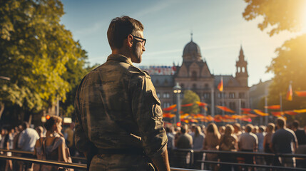 Fototapeta na wymiar German Unity Day celebration, rear view of man military veteran wearing military uniform standing in city and looking at peaceful holiday rally.