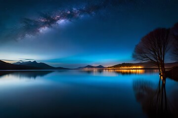 Milky way at blue sky over the lake at night