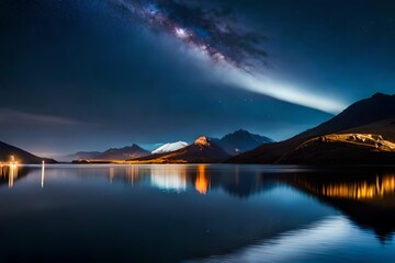 Milky way at blue sky over the lake at night