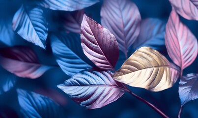 Branches with metallic shiny leaves close-up on a blue background.