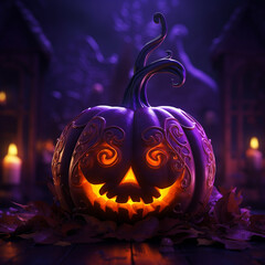 A pumpkin glowing with Halloween lights against a vivid purple background