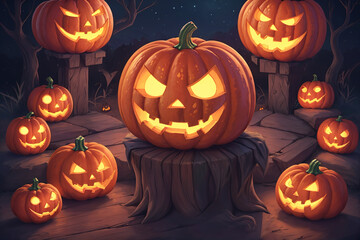 Halloween pumpkins on the background of the night forest