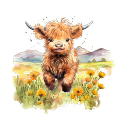 Cute Farm Animal Illustration: Baby Highland Cow isolated on transparent background png - Generative AI