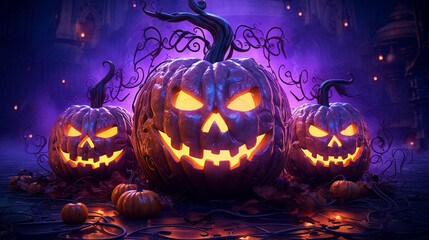 A pumpkin glowing with Halloween lights against a vivid purple background