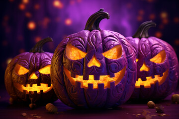 A pumpkin glowing with Halloween lights against a vivid purple background