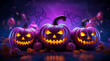 A pumpkin glowing with Halloween lights against a vivid purple background