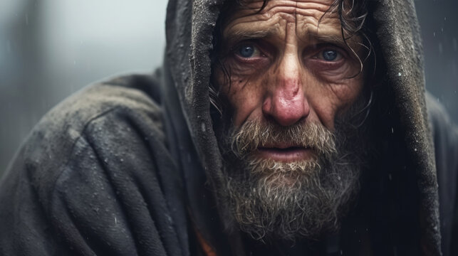 Homeless poor man crying portrait closeup. Economic recession, unemployment, poverty, hunger, retirement, global crisis, inequality problem