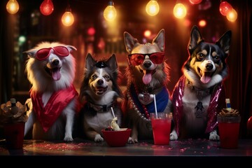 a group of cool looking and funky dressed dogs on a vacation party ordering a drink at the bar of a night club