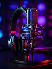 A close-up of a microphone and headphones for podcasting or ASMR sounds on black stand in a neon led lighting, cyan and magenta, in a sound recording studio.