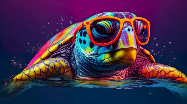 Portrait of a cool giant colourful sea turtle with big shell in sunglasses on vacation. Exotic wildlife animal reptile. Adventure travel trip holiday concept.