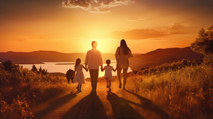 Obraz premium Happy family: mother, father, children son and daughter on nature on sunset