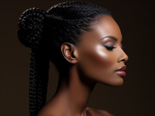 Beautiful and confident African woman in her 30s with styled long braided hair. Concept of African mature haircare and style.