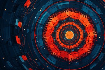 Abstract blue and coral orange-red sacred geometry with a space vortex background in line art consisting of circles and hexagons. Generative AI - obrazy, fototapety, plakaty