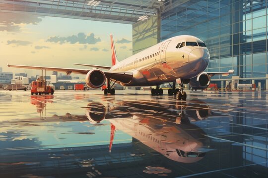 Reflection Of Plane Landing In Chicago Airport Terminal. Generative AI