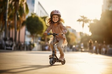 Little girl on scooter in action on the street. She is wearing a hard hat. - obrazy, fototapety, plakaty