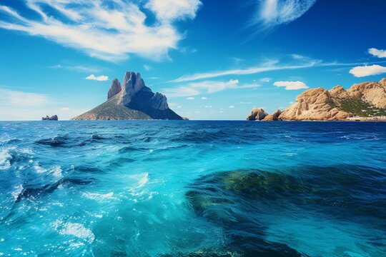 Scenic view of Es Vedra, a rocky island near Ibiza. Generative AI