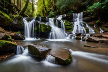 Smooth flowing water over rocks in the lush forest of green mountains