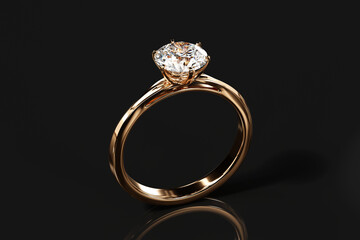 Gold Diamond Ring Isolated On black Background, 3D Rendering.
