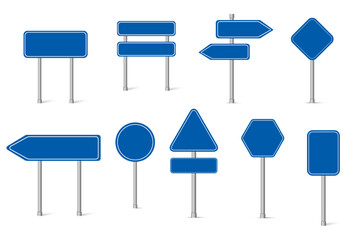 Collection of blank blue road sign. Modern road sign. Direction. Isolated vector illustration.