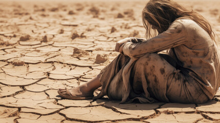 Women sitting hugging their knees, bent on the dry soil