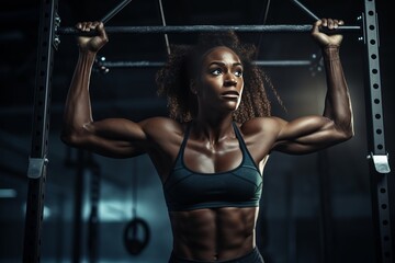 a young dark-skinned good-looking athletic muscular female bodybuilder performing crossfit training...