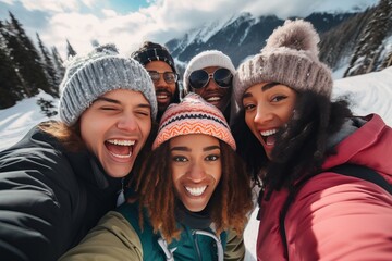 a group of young cheerful diverse men and women posing for a selfie photo on the ski or snowboard vacation in the mountains, having much fun in the snowy terrain