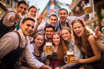 a group of young diverse men and women in traditional german attire celebrating oktoberfest in the beer garden drinking, laughing, having fun chatting together, summer or early autumn weather