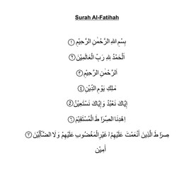 Al Fatiha or Al Fatihah, opening or opener, is the first surah of the Quran, 7 verses which are a prayer for guidance and mercy, recited in Muslim obligatory and voluntary prayers in the Sholat.