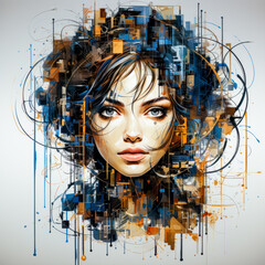 Girl with Colorful Face Digital Art  Flowing Geometry Style  Messy, Object Portraits  Highly Detailed Figures, Technological Wallpaper Background Generative AI KI Backdrop Cover