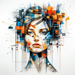 Girl with Colorful Face Digital Art  Flowing Geometry Style  Messy, Object Portraits  Highly Detailed Figures, Technological Wallpaper Background Generative AI KI Backdrop Cover