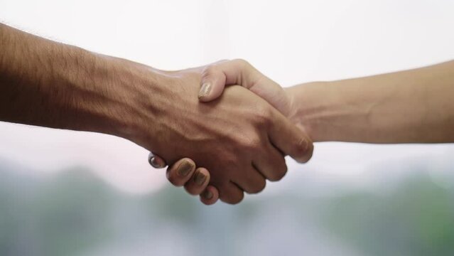 Close up shot of Two people shaking hands or a Man and a Woman Greeting each other with a firm Handshake in a Daylight. Concept of Corporate partnership deal, opportunity, sign of support, agreement 
