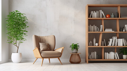 Scandinavian bookcase with armchair in modern cozy interior of room. Home library with book shelf, Generative Ai - obrazy, fototapety, plakaty