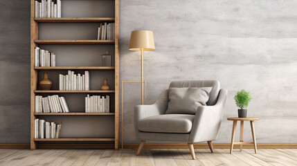 Scandinavian bookcase with armchair in modern cozy interior of room. Home library with book shelf, Generative Ai