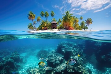 Naklejka na ściany i meble Tropical island with palm trees in the middle of an ocean and underwater life with colorful fish. Split view with waterline.