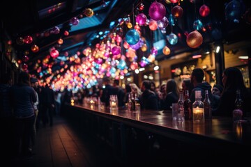 Decorated place for a night party. Festival and holiday concepts. Many Illuminated light bulbs.