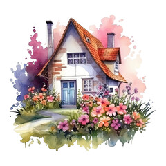 Watercolor cozy cottage surrounded by flowers garden, isolated - obrazy, fototapety, plakaty