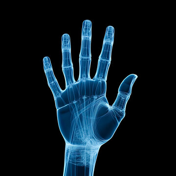 X-Ray image of a hand, Concept of medical tech, fractures and diagnosis. isolated on black background.