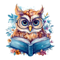 Foto op Plexiglas Watercolor cute owl with glasses reading book, isolated © Artyom