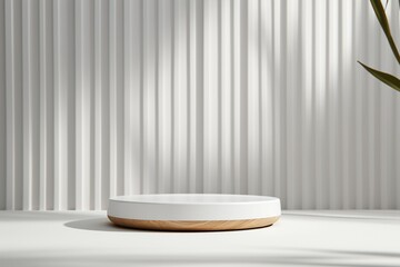 Abstract white room, lifelike whitewood cylinder podium, palm-shadow overlay, minimalistic product showcase.