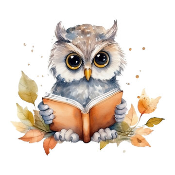 Watercolor cute owl with glasses reading book, isolated