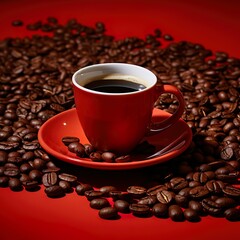 Cup of coffee with fresh roasted coffee beans isolated on a red background 
