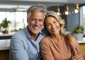 Joyful elderly couple in their 50-60's sharing happy moments together. Casual lifestyle. Not real person. Generative AI